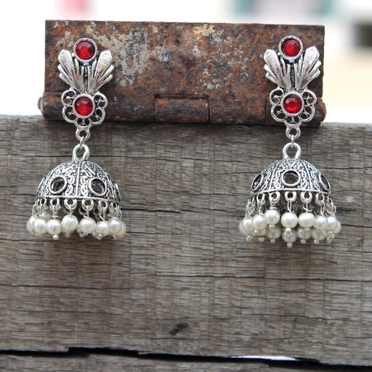 Floral jhumka with red stone