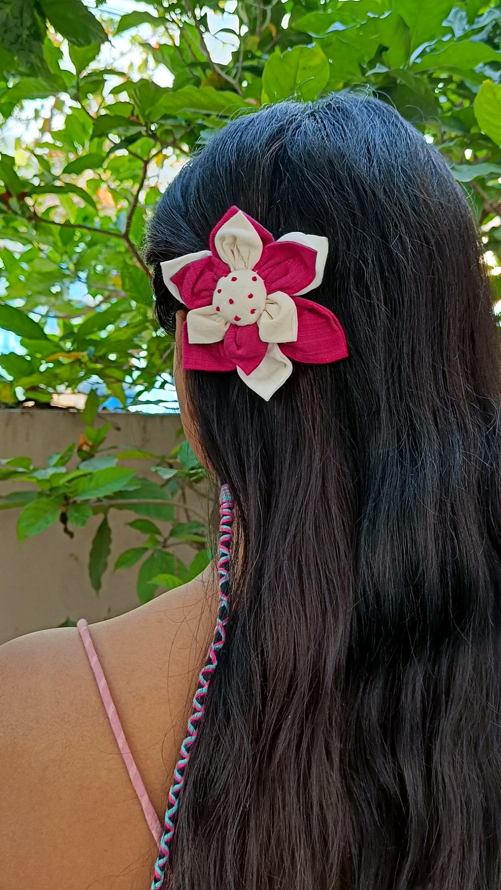 pink & white floral textile hairclip online at bebaakstudio.com
