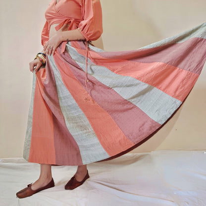 Shop multicolor panel full flare skirt set online at bebaakstudio.com