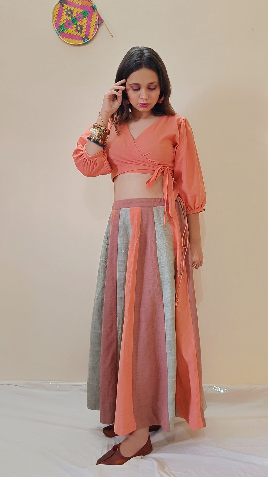 Shop multicolor panel full flare skirt set online at bebaakstudio.com