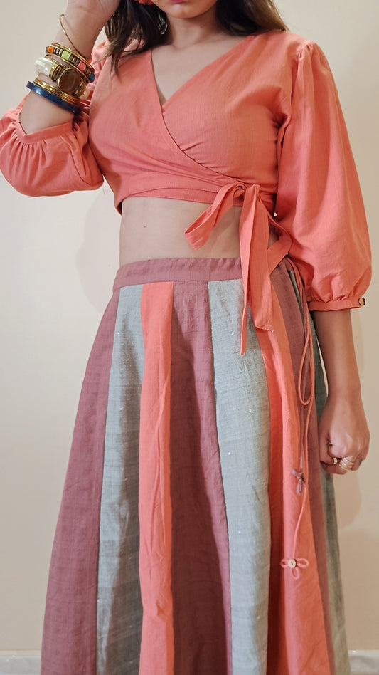 Shop multicolor panel full flare skirt set online at bebaakstudio.com