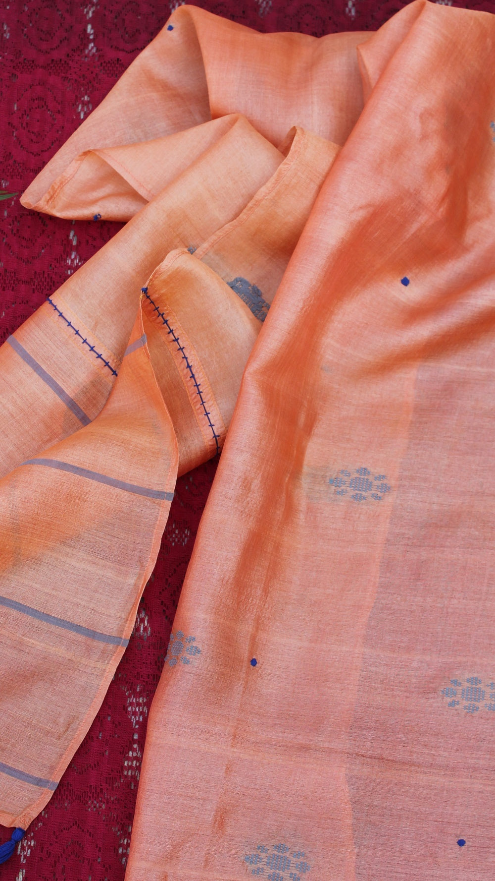 Tangerine polka hand embroidered silk stole