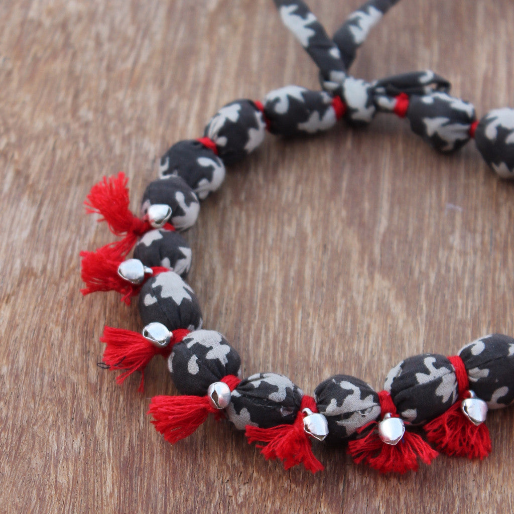 Red tasselled grey textile dhara necklace