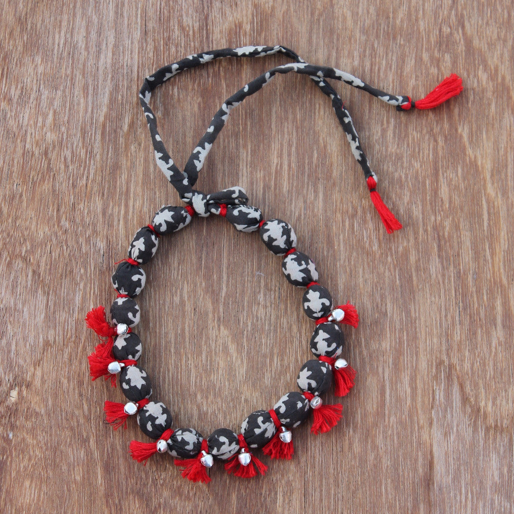 Red tasselled grey textile dhara necklace