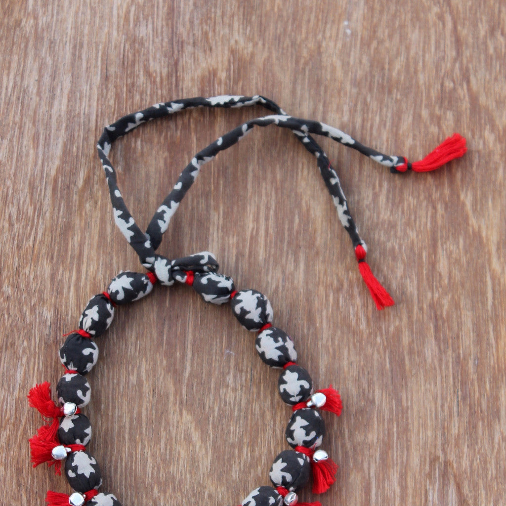 Red tasselled grey textile dhara necklace