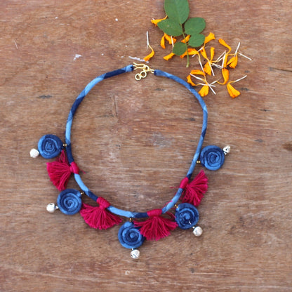 Blue flora tassel necklace online at bebaakstudio.com