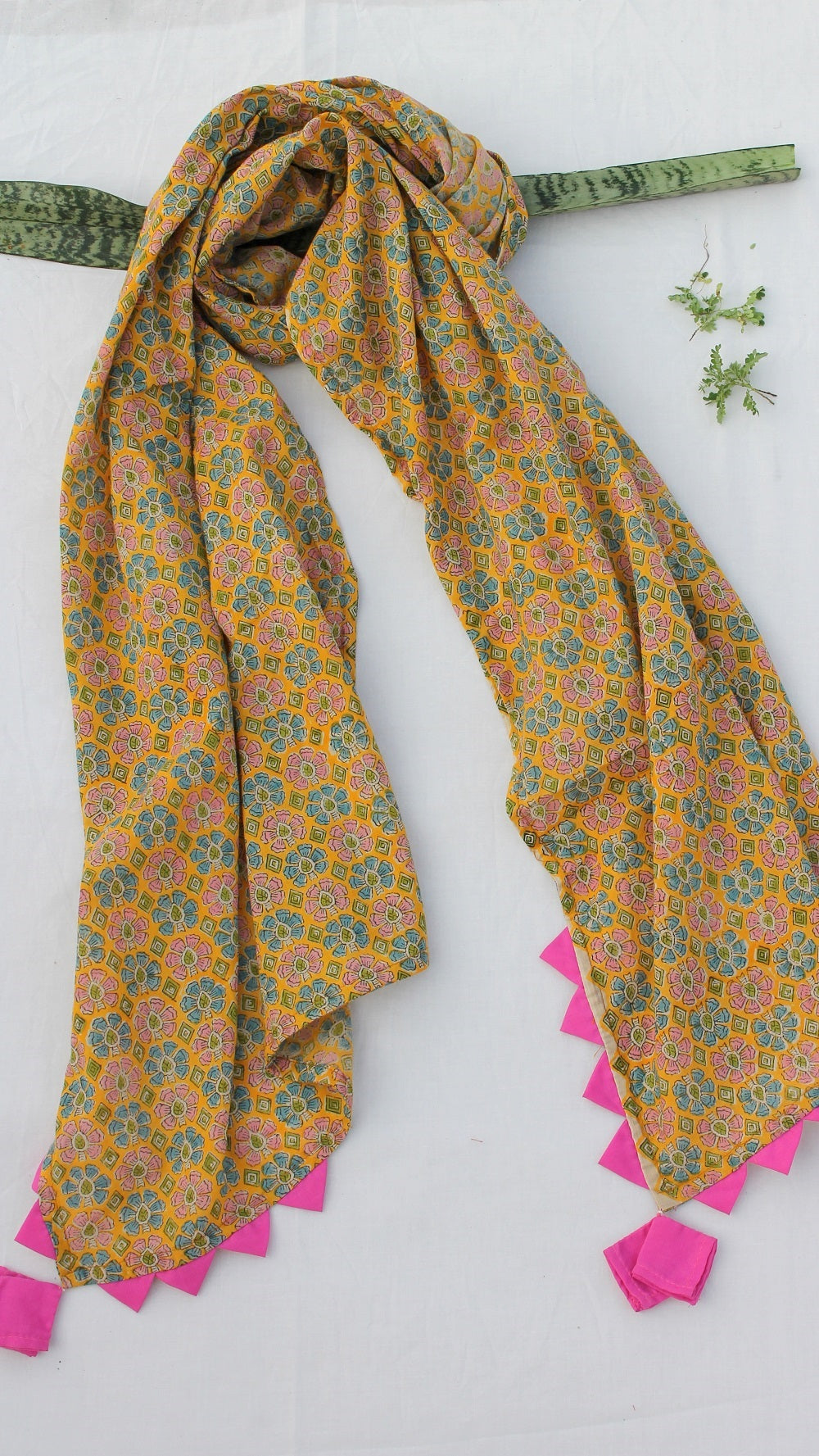 Yellow floral block print stole