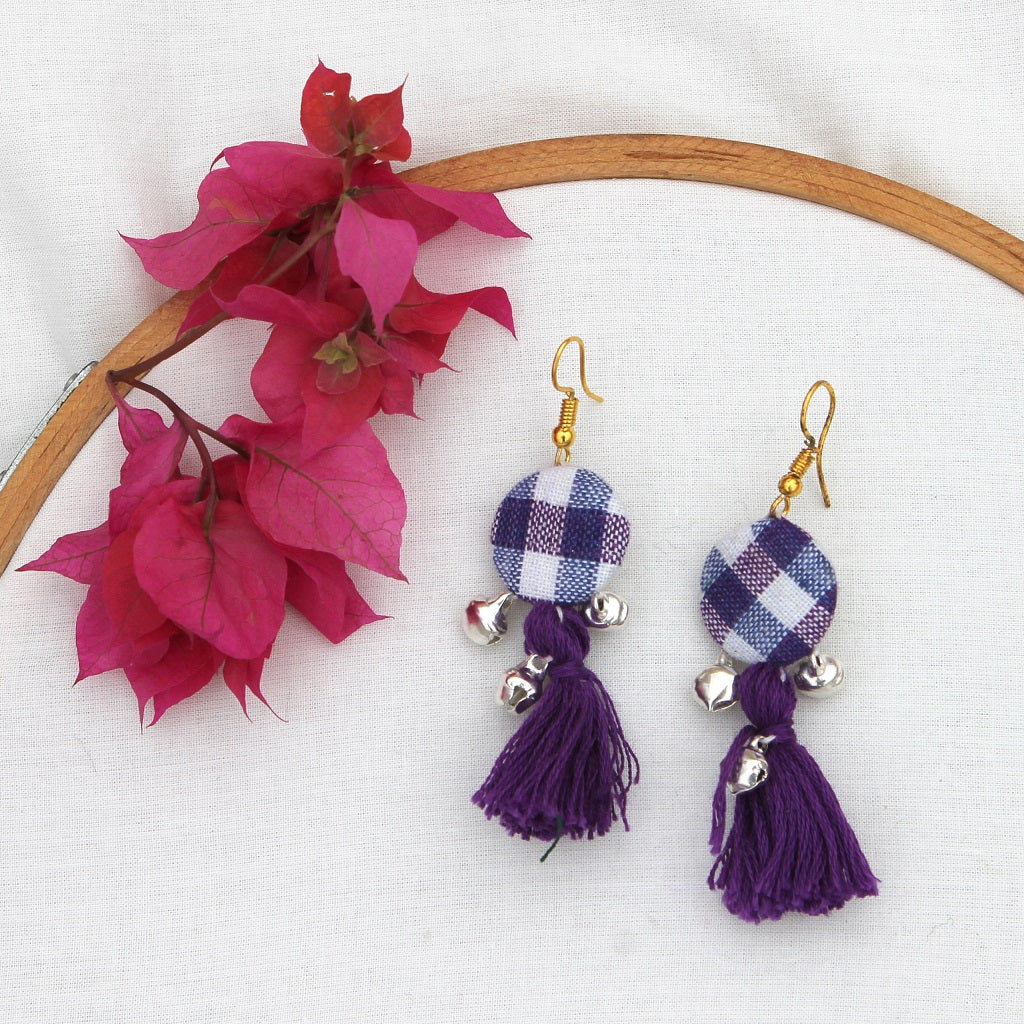 Check purple tassel earring