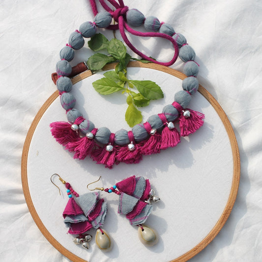 Grey Pink tassel necklace set