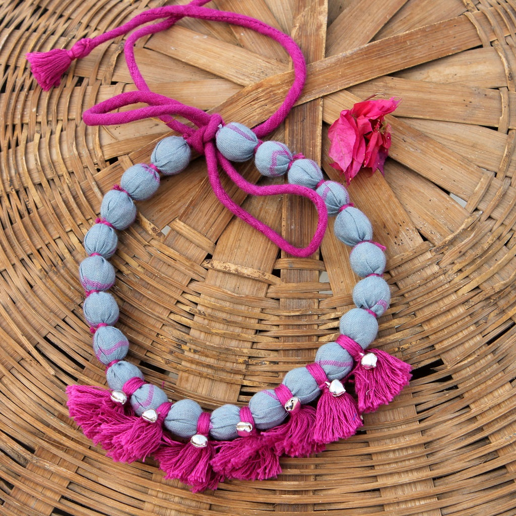 Grey pink tassel necklace