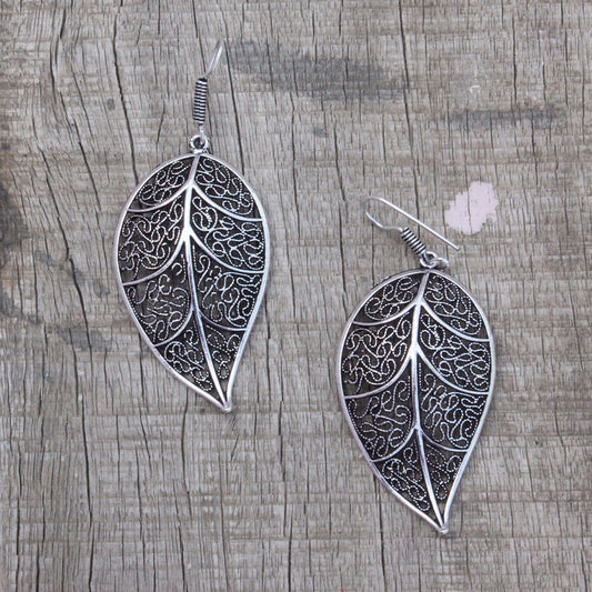 Earring: Leaf shape danglers silver color