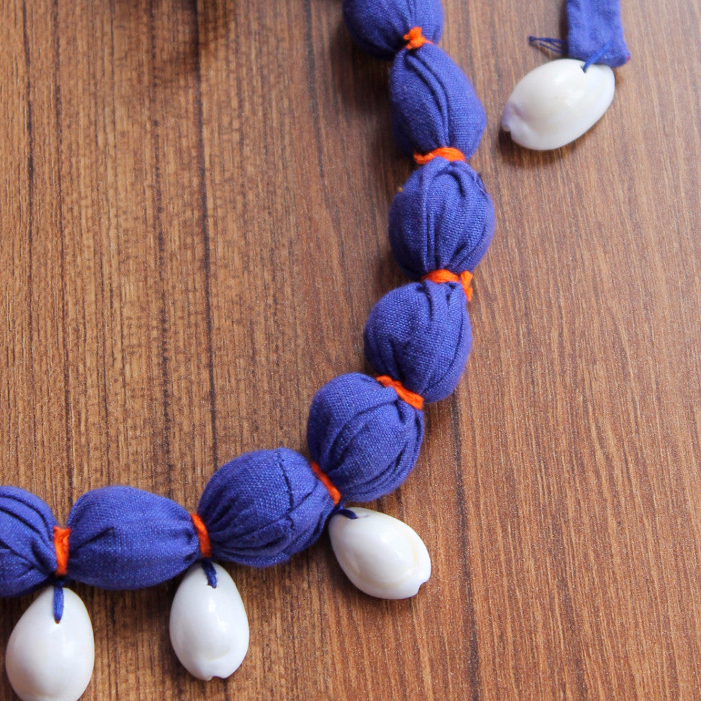 Necklace:shell blue textile upcycled necklace