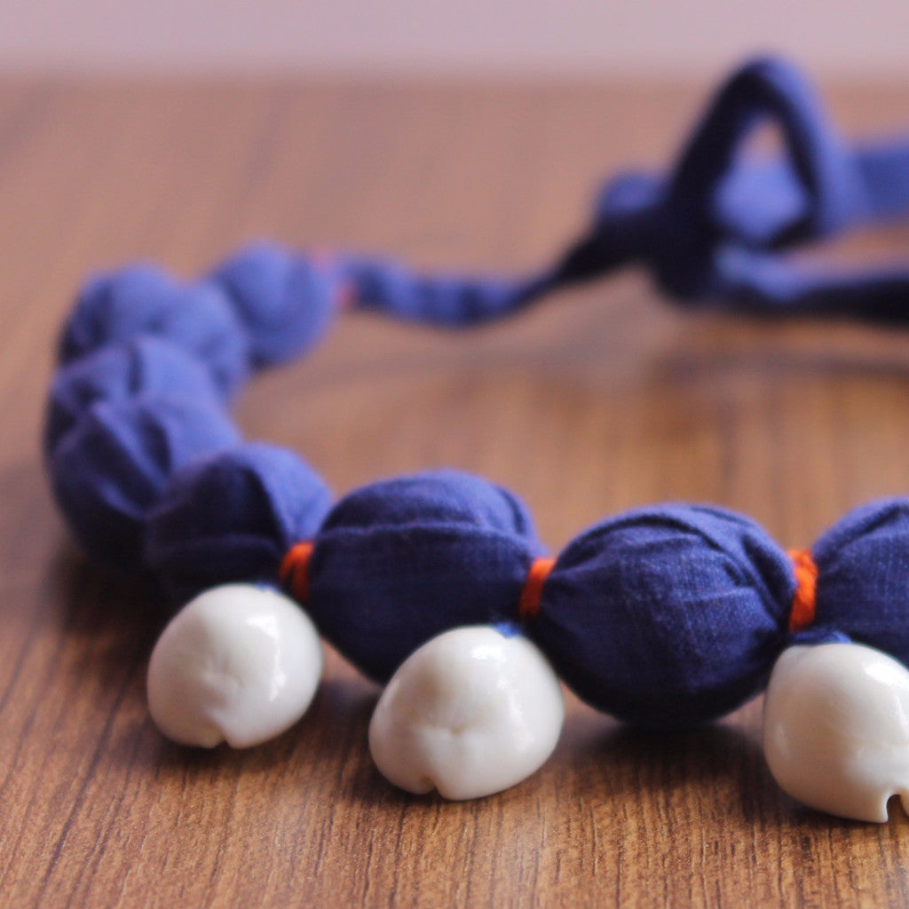 Necklace:shell blue textile upcycled necklace