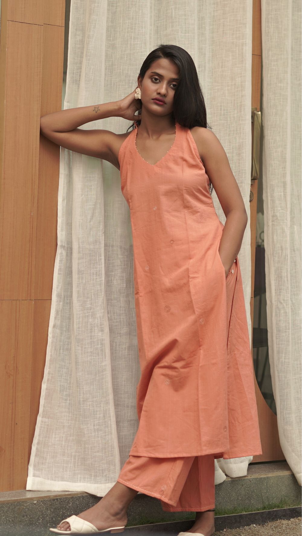 Shop peach cotton halter tunic set online at bebaakstudio.com