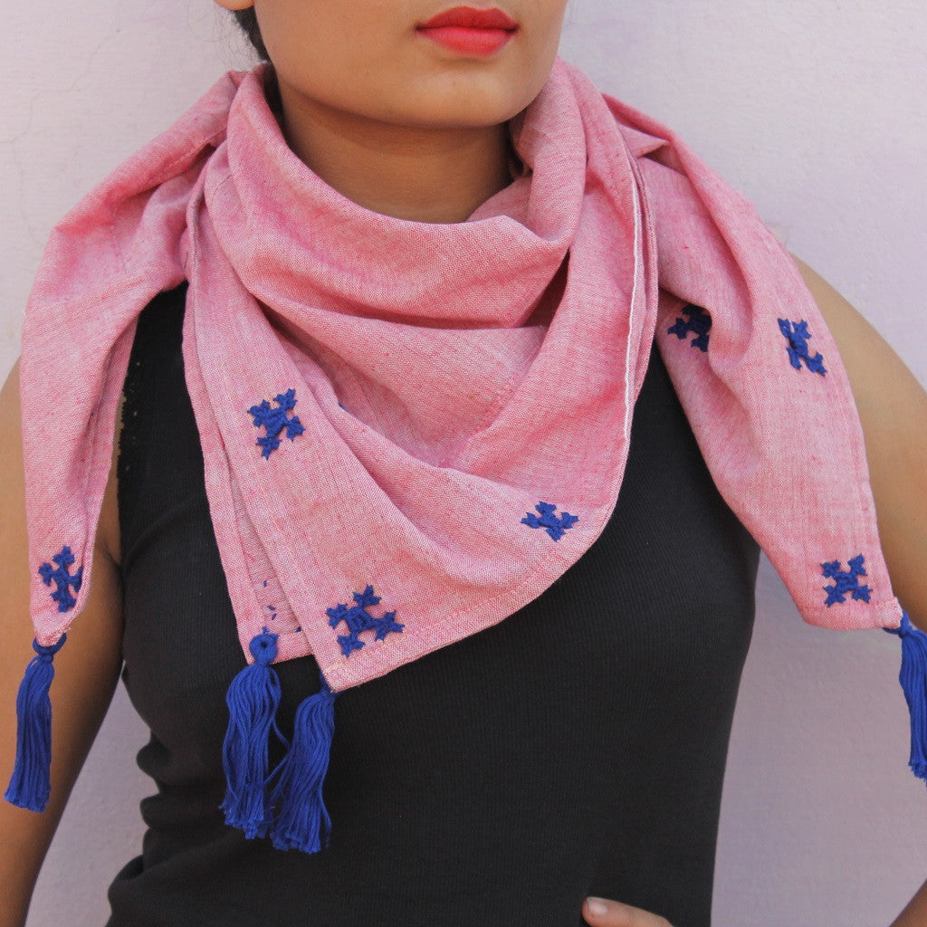 Pink embroidered handwoven cotton gamchha scarf