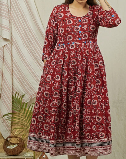 Shop Red floral Bagh print flared dress set online at bebaakstudio.com