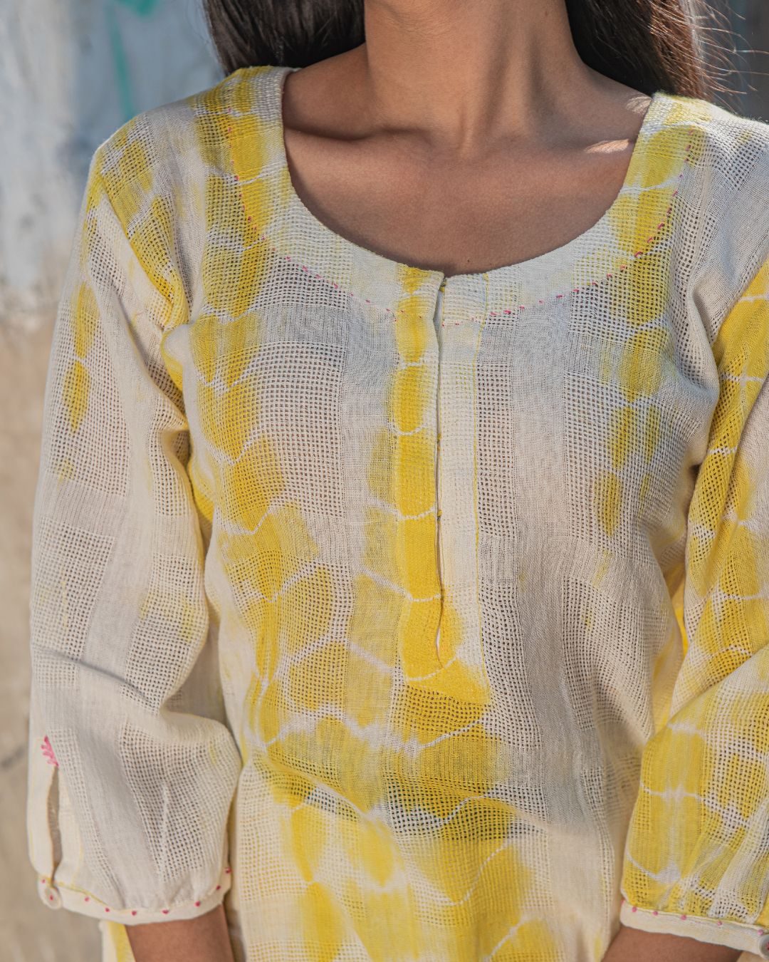 Shop Yellow tie & dye kurta set from Bebaak