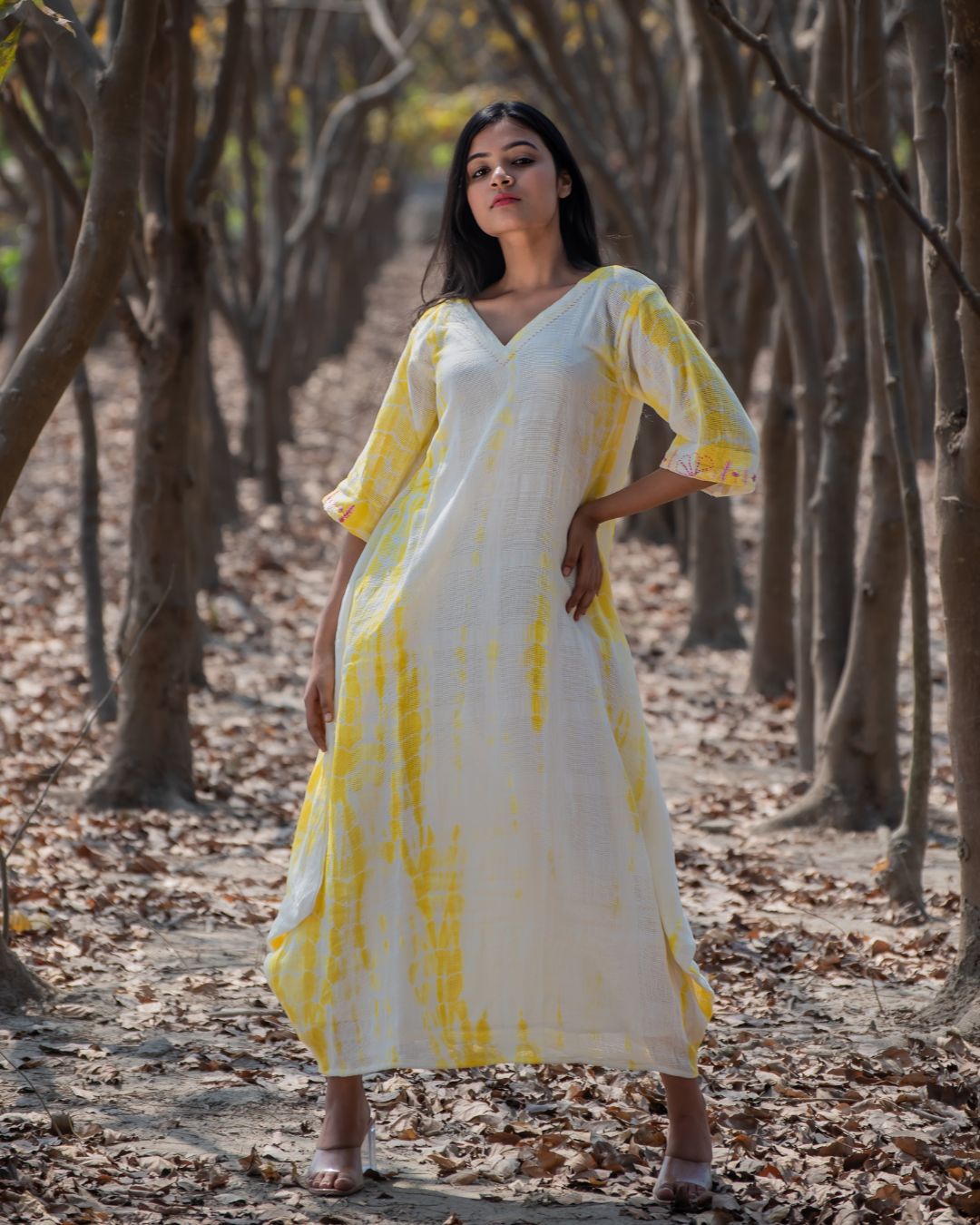 Shop cowl maxi cotton yellow dress from Bebaak