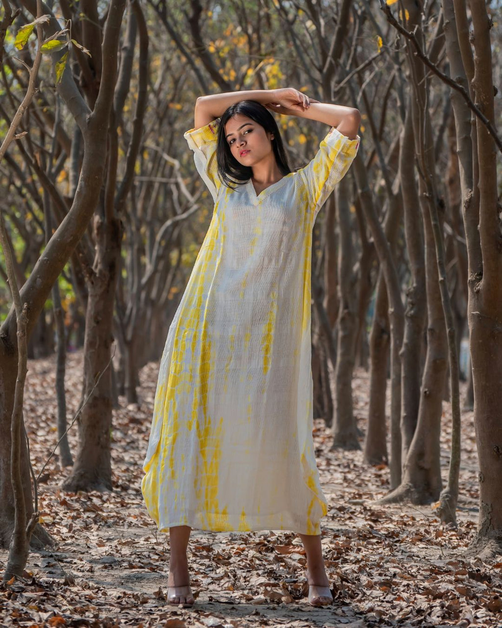 Shop cowl maxi cotton yellow dress from Bebaak