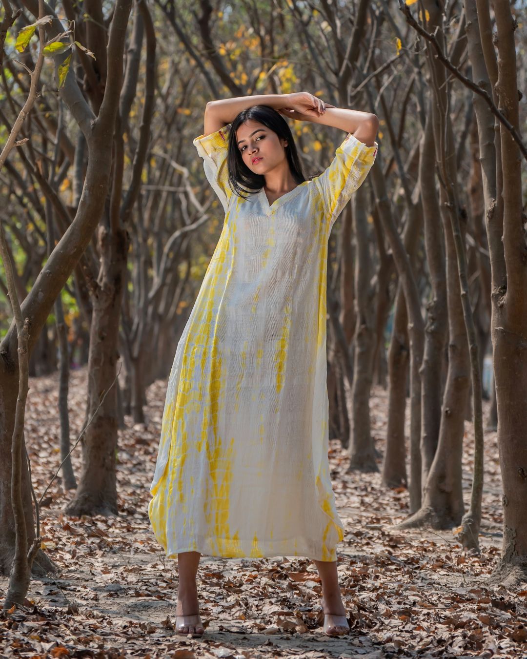 Shop cowl maxi cotton yellow dress from Bebaak