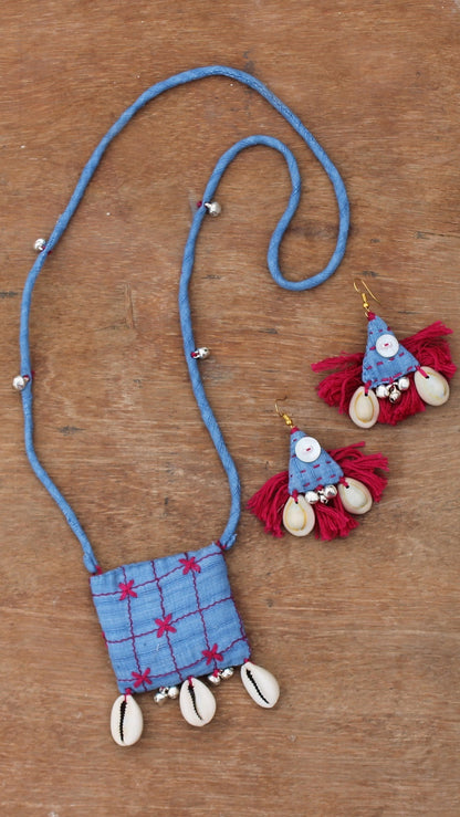 Blue floral long necklace set online available at bebaakstudio.com