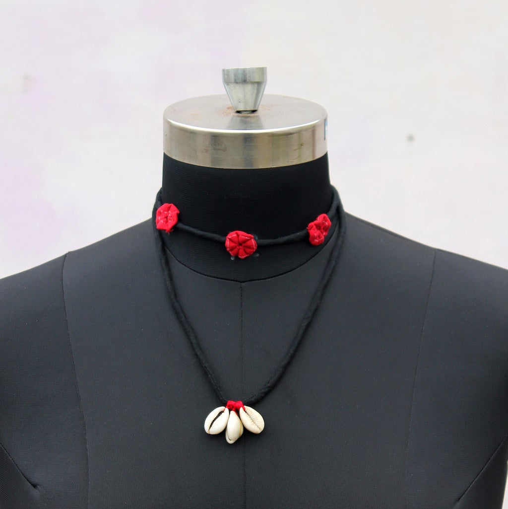 Red floral double layered choker