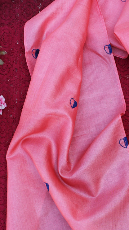 Peach Pink heart hand embroidered silk stole