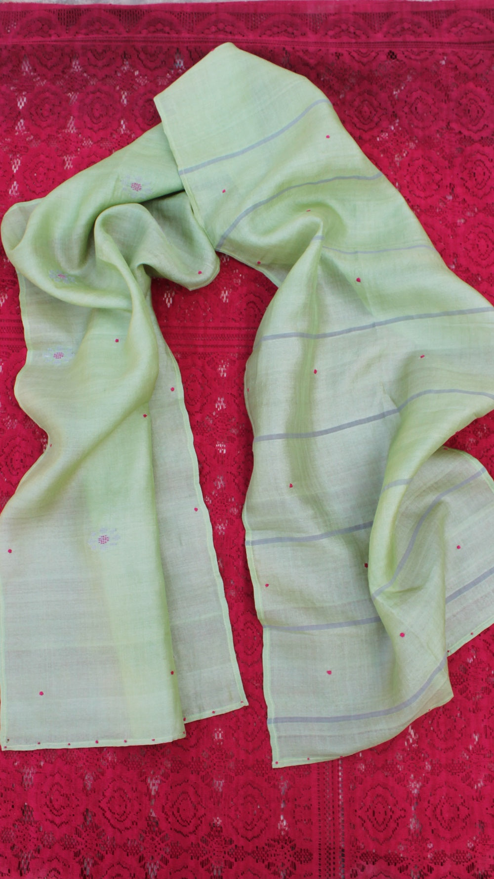 Pistachio polka hand embroidered silk stole