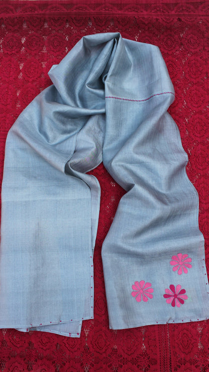 Grey floral hand embroidered silk stole