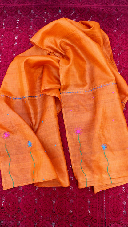 Orange floral path hand embroidered silk stole