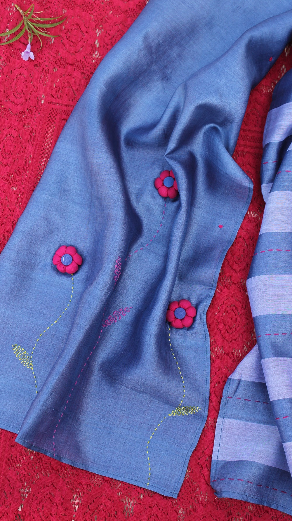 Blue flora hand embroidered silk stole