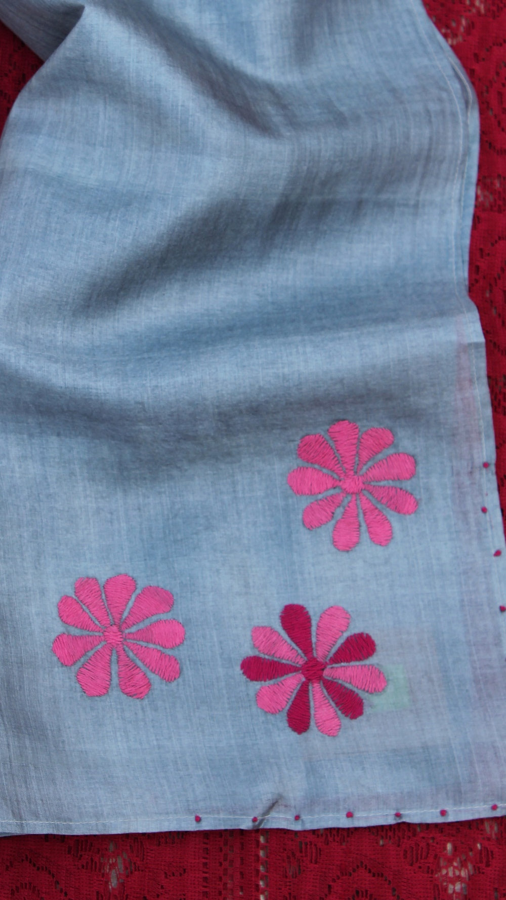 Grey floral hand embroidered silk stole