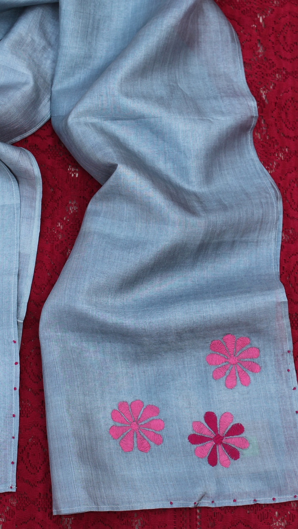 Grey floral hand embroidered silk stole