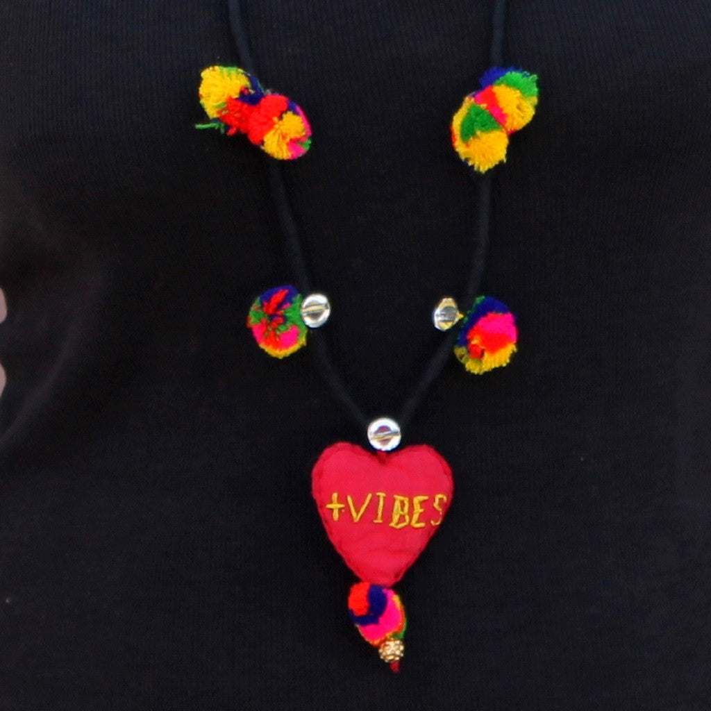 Up-cycled textile Heart pendant necklace( positive vibes)