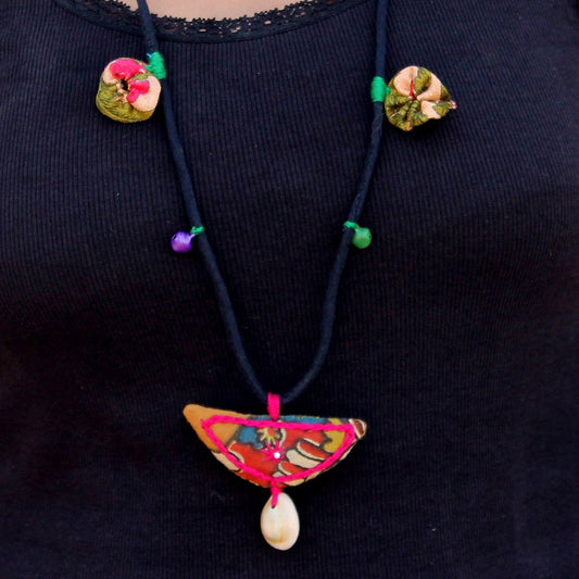 Up-cycled textile rainbow floral pendant necklace by bebaak
