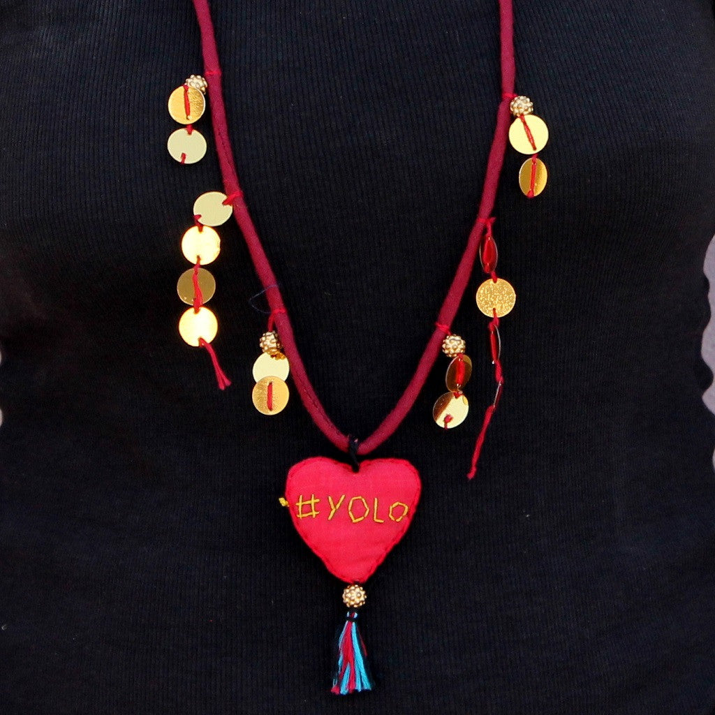 Up-cycled textile heart pendant necklace( #YOLO)
